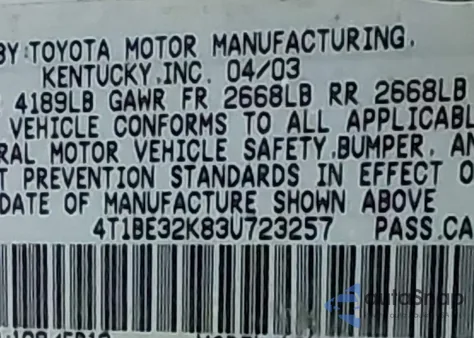 2003 Toyota Camry Le из США, поврежденный, VIN 4T1BE32K83U723257